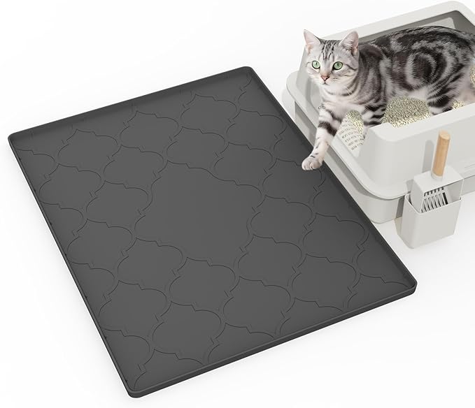Cat Litter Mat, 28" X 22" Silicone Litter Box Mat, Cat Litter Trapping Mat for Indoor Use, Easy Clean for Scatter Control, Soft on Kitty Paws, Waterproof & Urine Proof, Black