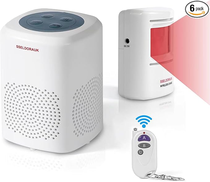 S SELDORAUK Motion Sensor Door Chime, Dog Barking Alarm Doorbell Guard Wireless Infrared Detect Alert for Home Security Reminder Entry Rang 1000ft 110dB 4 Volume Level (1Receiver+1Detector+1Remote)