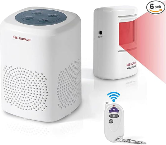S SELDORAUK Motion Sensor Door Chime, Dog Barking Alarm Doorbell Guard Wireless Infrared Detect Alert for Home Security Reminder Entry Rang 1000ft 110dB 4 Volume Level (1Receiver+1Detector+1Remote)