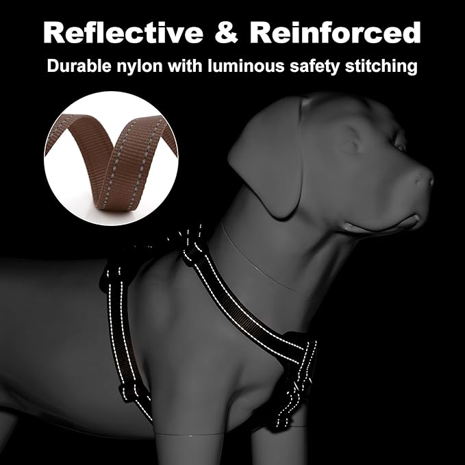 Plutus Pet Adjustable No Pull Dog Harness with Leather Accents, Heavy Duty Reflective Nylon Vest for Training, Hiking, Easy Walk Harness for Small, Medium, Large Dogs (Chocolate, S)