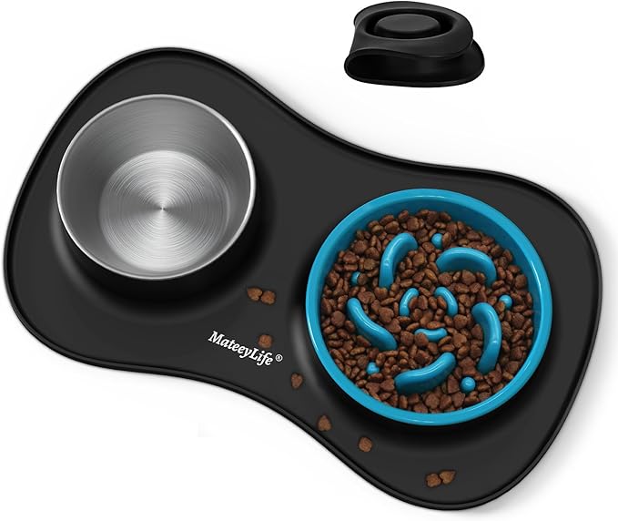 MateeyLife Dog Food Bowl Set 3 in 1, Basic Dog Bowls & Water Stainless Steel Bowl with Non-Spill Silicone Mat, Slow Feeder Bowls for Small, Medium, Large Breeds, Cat Feeding Dish to Anti-Choking