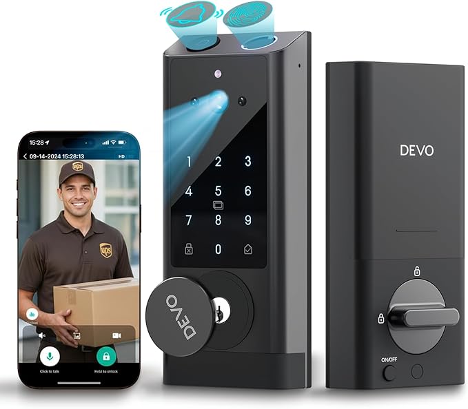 Devo G1 Video Smart Lock with Camera & Doorbell,App Remote Door Lock 6-in-1 Keyless Entry,Fingerprint ID,Auto Locks,Built-in Wi-Fi Smart Deadbolt for Front Door,Easy Install,Waterproof,BHMA Grade 3
