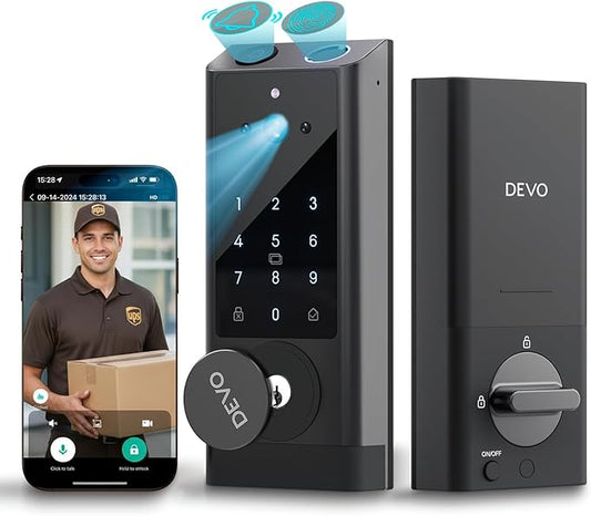 Devo G1 Video Smart Lock with Camera & Doorbell,App Remote Door Lock 6-in-1 Keyless Entry,Fingerprint ID,Auto Locks,Built-in Wi-Fi Smart Deadbolt for Front Door,Easy Install,Waterproof,BHMA Grade 3