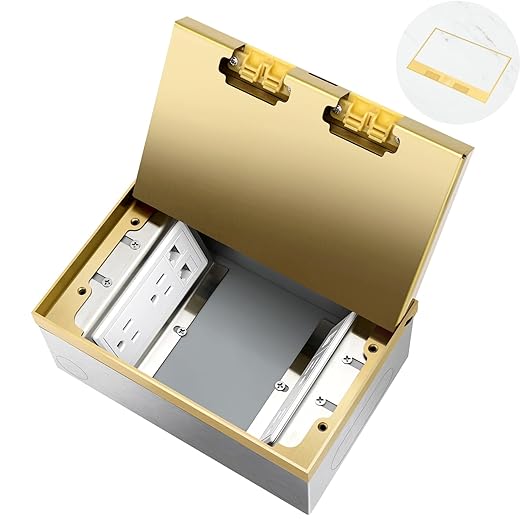 Vagueior Recessed Flat Hidden Floor Electrical Outlet Kit,with 4 * 15A Receptacle+1 * 5V 2.1A USB Charging Ports+2-Port RJ45 Datacom Receptacle，Waterproof Electrical Outlet Covcer Box,Gold