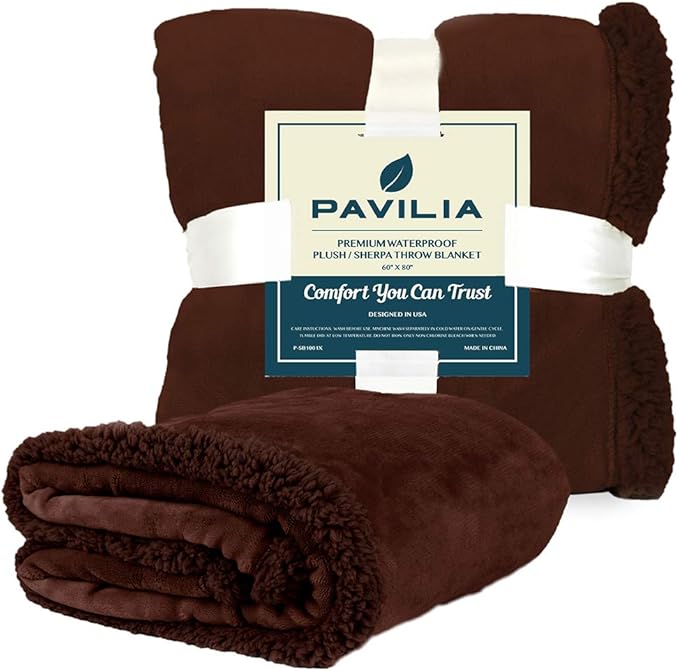 PAVILIA Waterproof Blanket for Couch, Sofa | Waterproof Dog Blanket for Large Dog, Puppy, Cat | Pet Blanket Protector | Plush Soft Warm Fuzzy Sherpa Blanket Bed Throw, Brown, 60x80