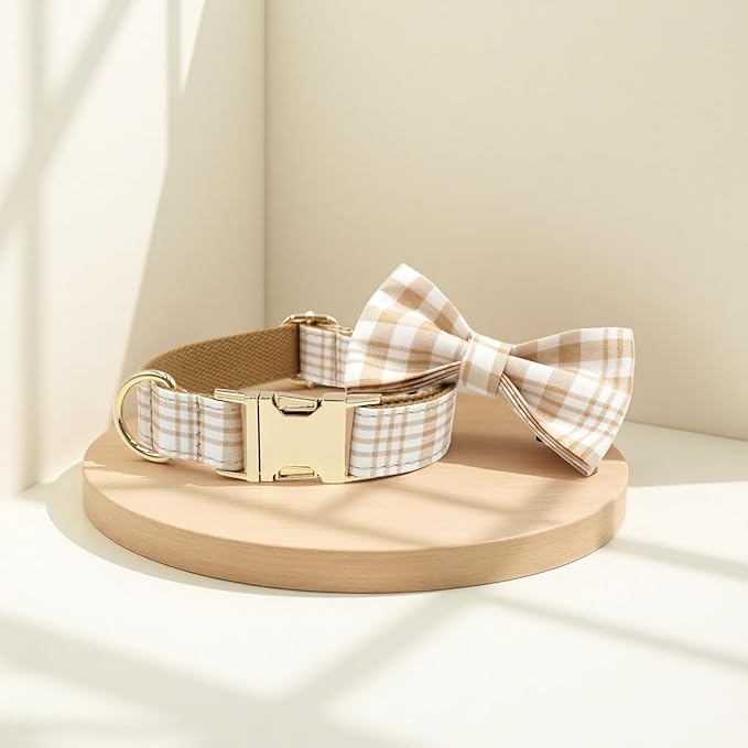 PETDURO Personalized Dog Collar Brown Plaid for Large Medium Dogs | Engraved Name and Phone Number on Gold Metal Buckle for Boys & Girls | Add Leash & Bow Tie via Customize Now