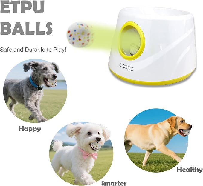 Automatic Dog Ball Launcher, Upgraded Interactive Dogs Balls Thrower for Small and Medium Dogs, Distance Adjustable Mental Stimulating Dog Toys with 4 Durable Etpu Balls 2.2 Inch (Yellow)