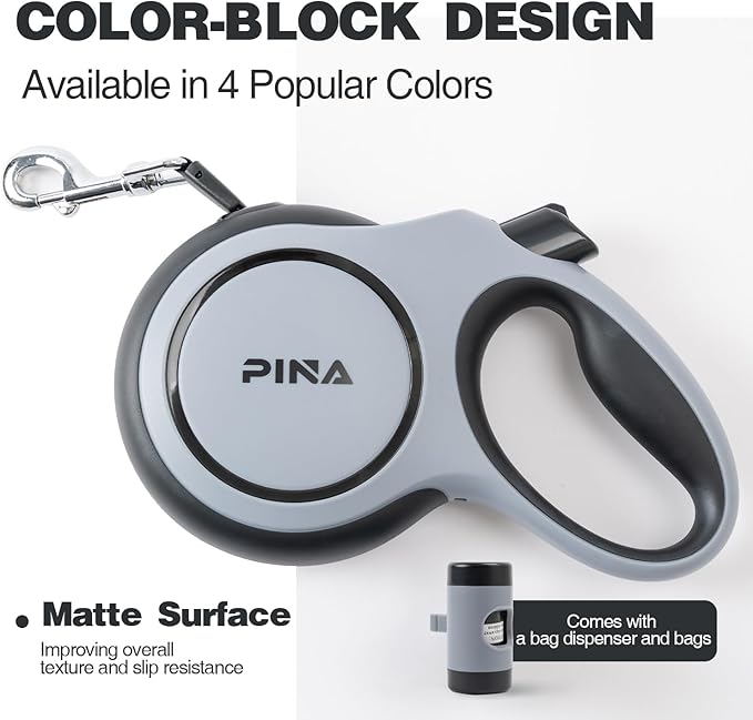PINA Upgraded Retractable Dog Leash, 26 ft Dog Leash for Small Medium Large Dogs Up to 110lbs, Heavy Duty Reflective Nylon Tape 360° Tangle-Free, with Anti-Slip Handle, One-Handed Brake, Pause, Lock