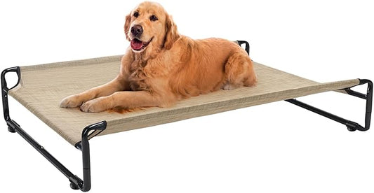 Veehoo Original Outdoor Elevated Dog Bed, Cooling Raised Dog Cot for Large Dogs, Portable Standing Pet Hammock Platform with Washable Breathable Mesh, No-Slip Feet, Large, Beige Coffee, CWC2201