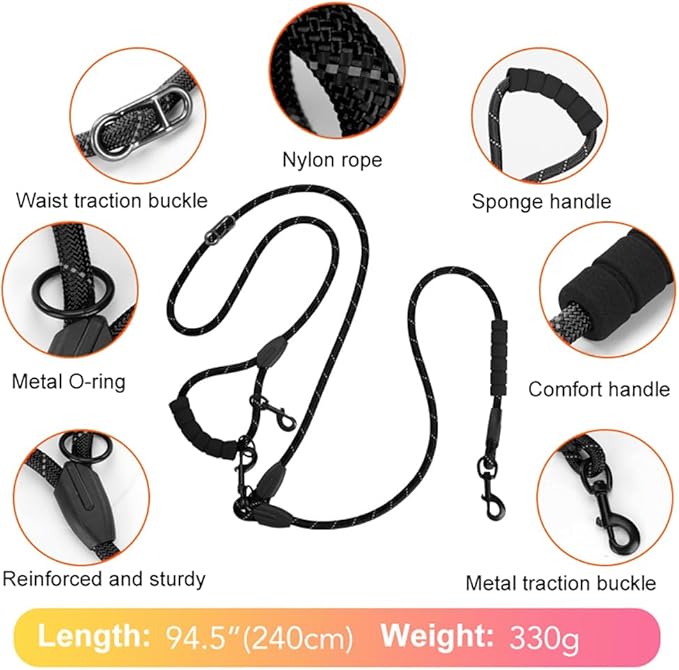 Cymiler Hands Free Dog Leash, 8 Ft Reflective Cross-Body Pet Rope Leashes with Sponge Handle, Heavy Duty Nylon, for Running, Hiking, Training, Waist Leash for Small Medium Large Dogs (Black)