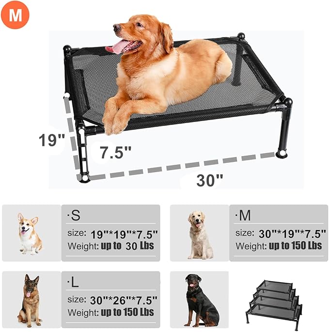 Elevated Dog Bed for Dogs, Portable Indoor & Outdoor Cooling Mesh Raised Dog Bed Cots with Skid-Resistant Feet (Medium)