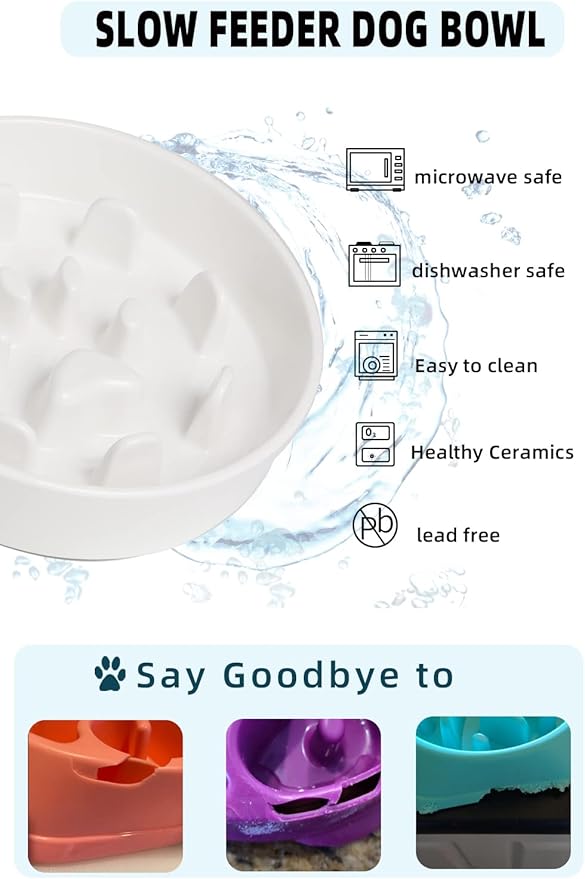 HAOTOP Ceramic Fun Slow Feeder Bowl, Porcelain Slow Eater Bowl for Medium Sized Dogs (White)