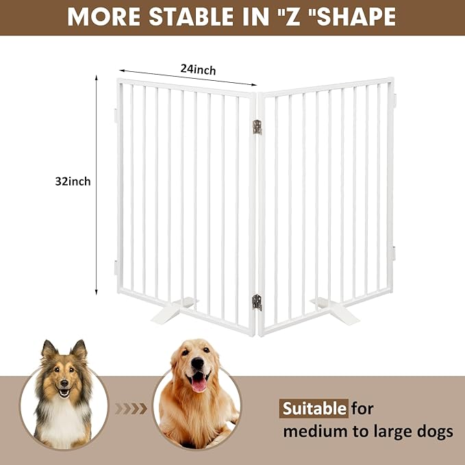 Metal Freestanding Dog Gates,Extra Wide 24", 32" Height Foldable Dog Fence for Indoor & Outdoor, Heavy Duty Freestanding Pet Barrier for Stairs, Doorways, Halls, Kitchen,Yard