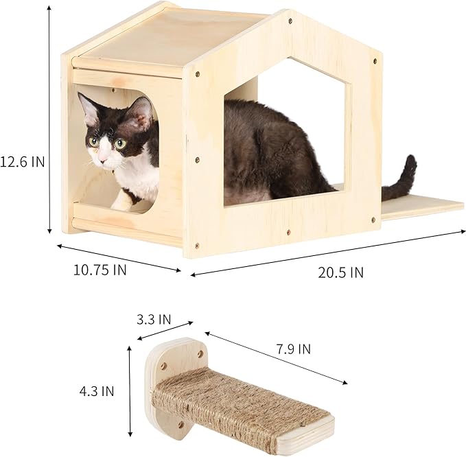 Cat Shelves with 3 Steps Scratching Post and Hammock Bed - Wall Mounted Climbing Condo for Indoor Cats (Wood)