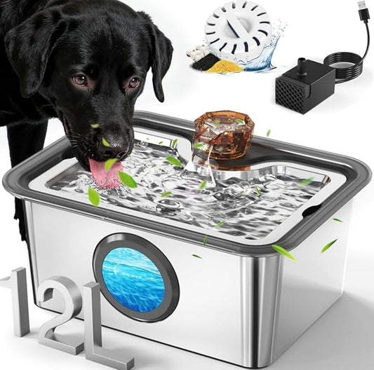 Stainless Steel Dog Water Fountain: 3-Gal Large Capacity, Ultra Quiet with Filter for Fresh Flow Water | Perfect for Large Breed Dogs& Multi-Pet Homes, 2m Long Power Cord for Indoor and Outdoor Use