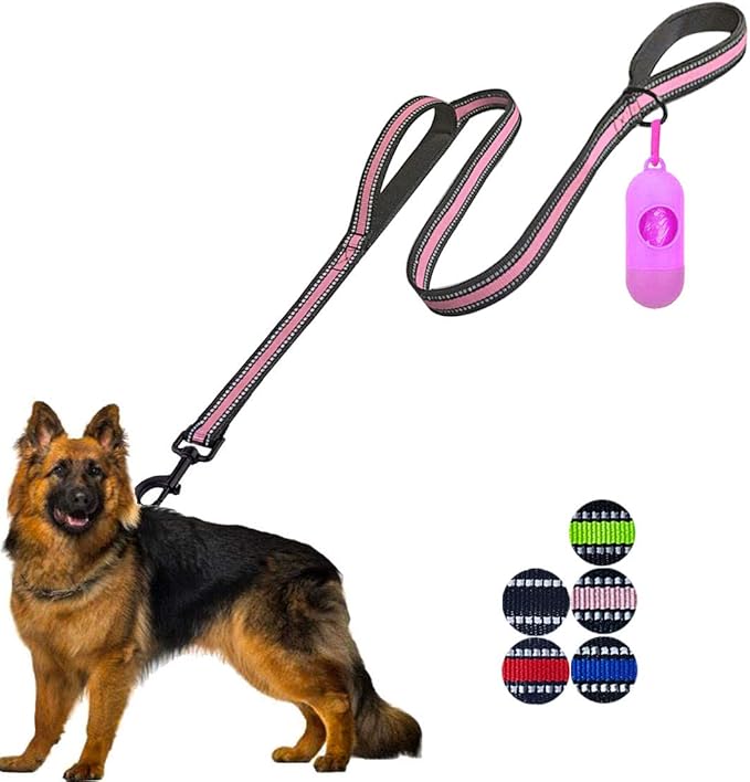 JSXD Dog Leash,5 FT Heavy Duty Double Handle Dog Leash with Comfortable Padded and Reflective,Rope Dog Leashes for Small,Medium,Large Dogs (Wide-Pink)