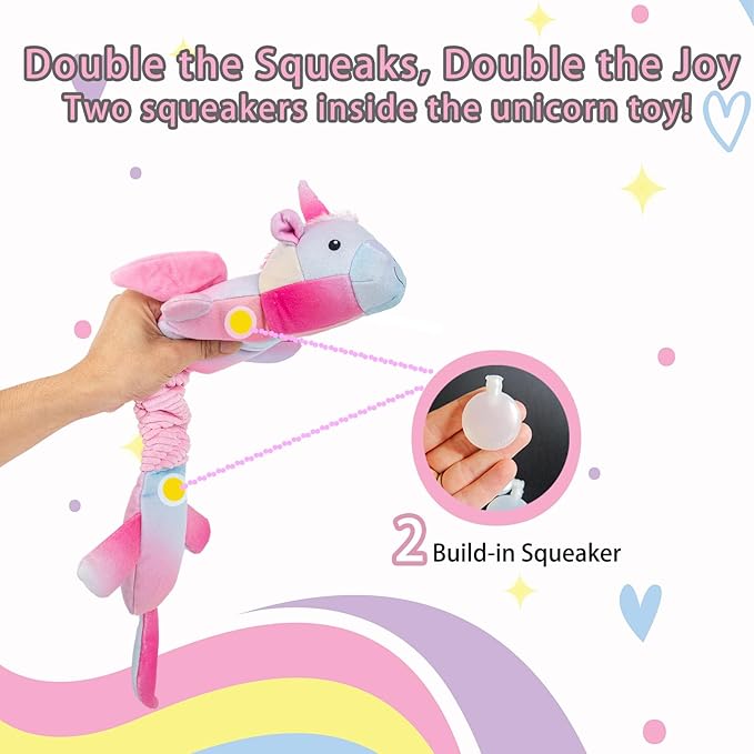 Squeaky Crinkle Plush Unicorn Dog Toys, Dog Toys to Keep Them Busy, Tug of War & Pull Toys for Small, Medium Dogs Puppy
