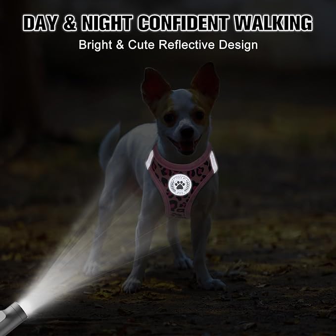 BEAUTYZOO Step in Dog Harness and Leash Set,Reflective Dog Harness No Pull No Choke Puppy Harness for Small Medium Large Dogs Cats,Soft Padded Mesh Vest Harnesses for Girl and Boy Pets, Leopard Pink S