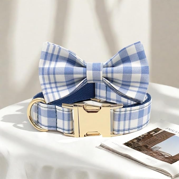 PETDURO Personalized Dog Collar Navy Blue Plaid for Large Medium Dogs | Engraved Name and Phone Number on Gold Metal Buckle for Boys | Add Leash & Bow Tie via Customize Now