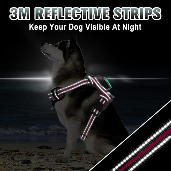 BARKBAY No Pull Dog Harness Large Reflective Dog Harness with Front Clip and Easy Control Handle for Walking Training Running with ID tag Pocket(Pink/Black,L)