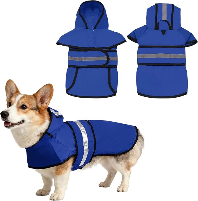 Dog Raincoat, Dog Rain Jacket Waterproof Jacket Reflective Adjustable Hooded Pet Rain Coat with Leash Hole, (Blue, 3XL), Intended for Large Medium Small Puppies