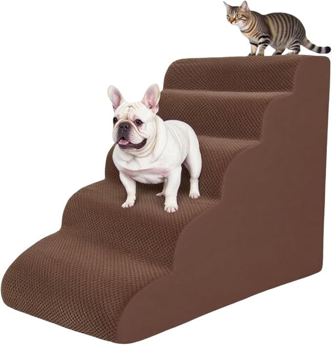 5 Step Pet Stairs Ramp for High Beds Sofas 23-30 Inch with Sturdy Non Slip Waterproof Pads, Machine Washable Cover Indoor Balanced Design for Cats Dogs Small Medium Large XL Pets Brown, Large,
