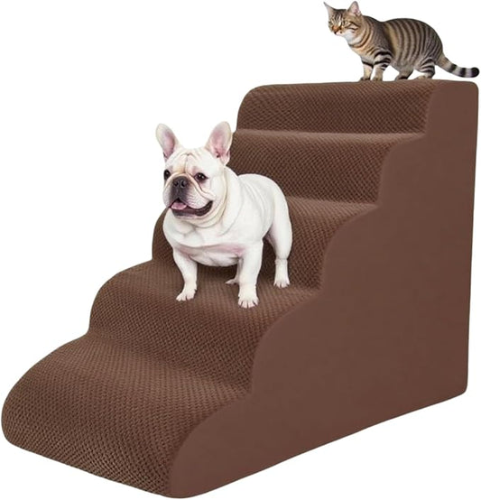 5 Step Pet Stairs Ramp for High Beds Sofas 23-30 Inch with Sturdy Non Slip Waterproof Pads, Machine Washable Cover Indoor Balanced Design for Cats Dogs Small Medium Large XL Pets Brown, Large,