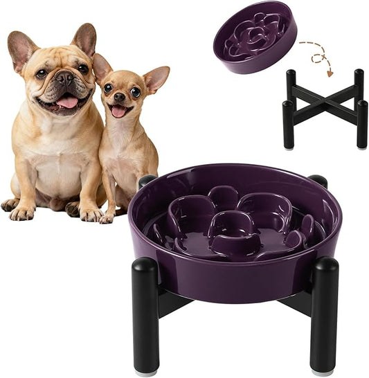 Elevated Slow Feeder Dog Bowl - Ceramic Maze Dog Food Bowl with Stainless Stand - Raised Slow Feeder for Small Breeds to Control Eating Speed - 6.3 Inch - 0.8 Cups (80g) - Purple