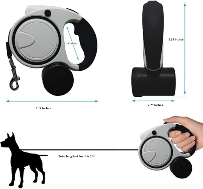 Best Dog Supplies Retractable Fancy Leash with Flashlight and Dispenser for Safe and Comfortable Walk with Your Pet - 16 ft White Dog Leash Suitable for All Pets