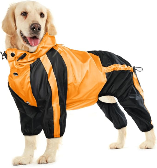 Dog Raincoat - Waterproof, Lightweight Jacket for Large Dogs - Adjustable 4 Legs Pet Poncho With Hood, Snow-Proof Vest, Leash Hole