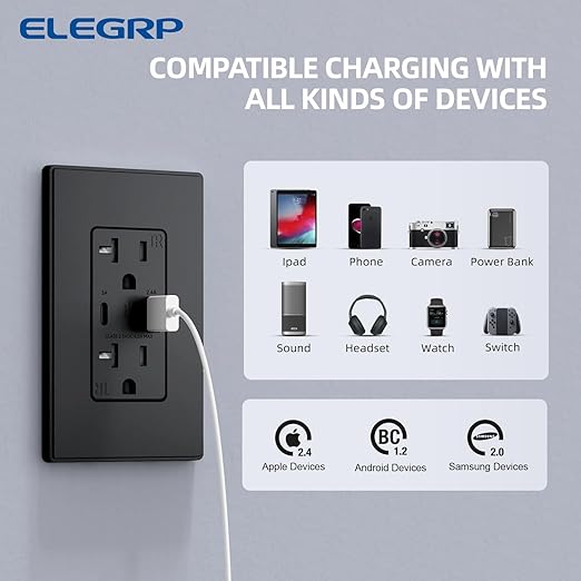 ELEGRP USB Charger Wall Outlet, Type A & C USB Ports, 20 Amp Tamper Resistant Receptacle Plug, Wall Plate Included, UL Listed (2 Pack, Matte Black)