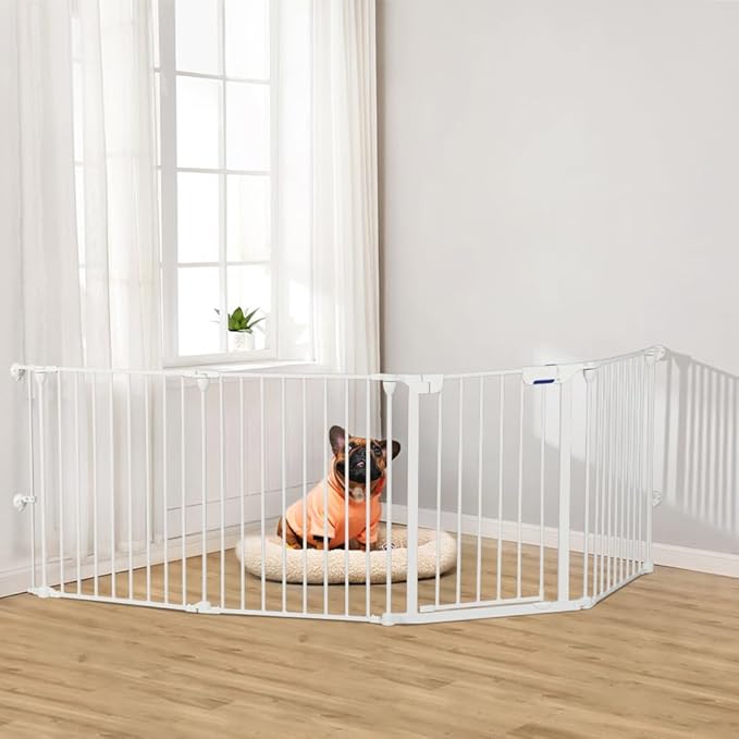 Freestanding Dog Gates with Door Walk Through, Extra Wide Doggy Door 100" W x 29" H Pet Gate Safty 4 Panels Dog Fence for Stairs, Doorways, White