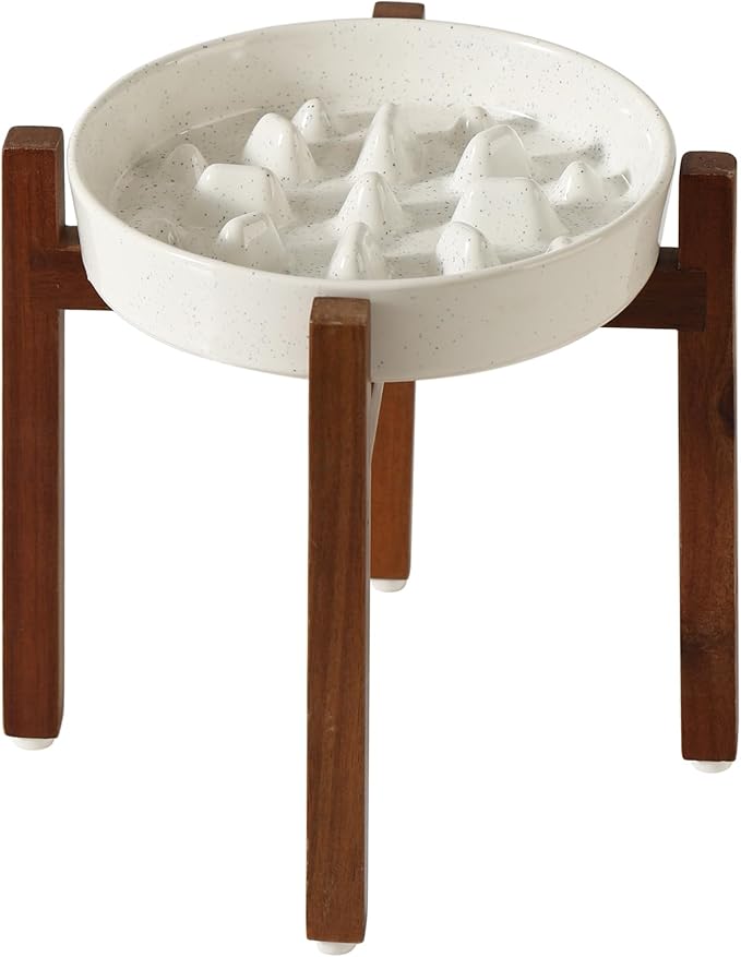 Ceramic 1.6 Cup Raised Slow Feeder Dog Bowl Set, Elevated Acacia Wood Stand for Medium and Large Dogs, 8.2inch Slow Pet Dish for Fast Eaters(1 Bowl & Stand, Vanilla White)