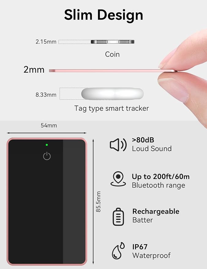 Wallet Tracker Card, [Apple MFi Certified] Wallet Tracker 0.08in Slim Rechargeable Smart Tracking Card Bluetooth Wallets Finder IP68 Waterproof for Purse, Keys, Bags, Passport (iOS Only)