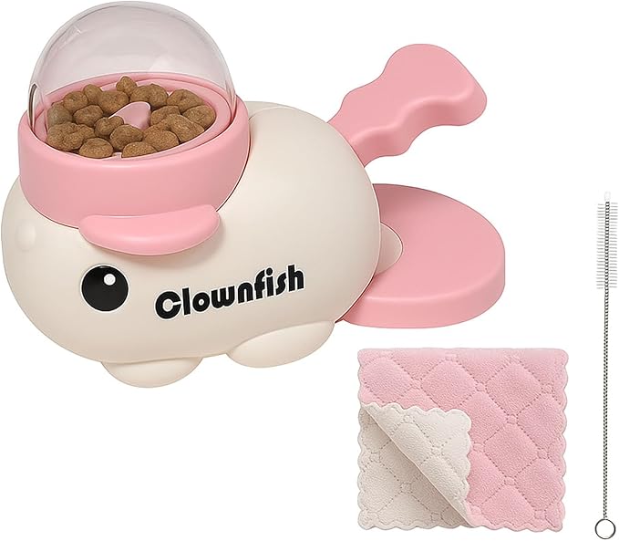 Interactive Clownfish Dog Treat Dispenser Toy with Spinning Tail, Puzzle Slow Feeder for Dogs & Cats, Treat Dispensing Food Puzzle Feeder, Includes Cleaning Cloth & Brush (Pink)