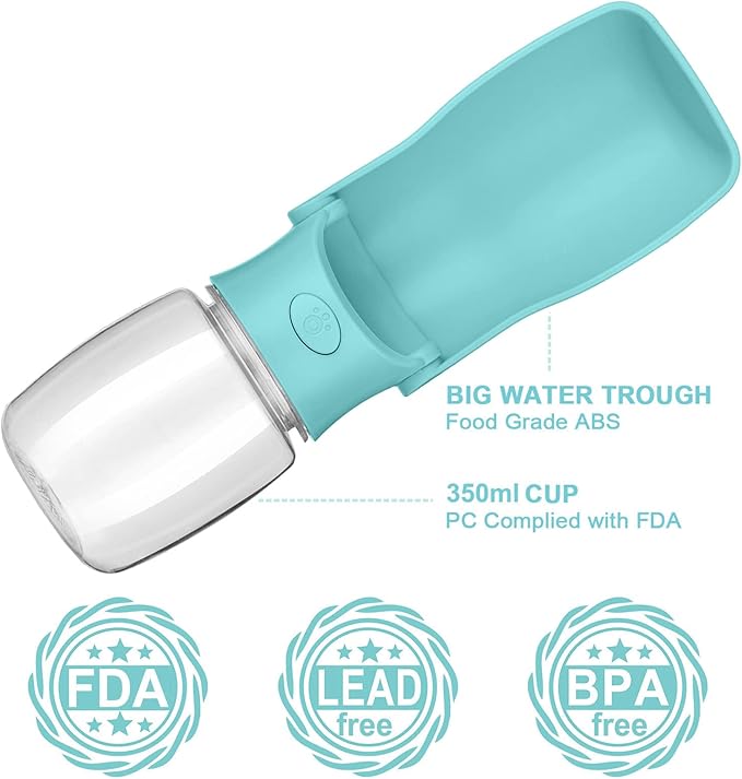 Portable Dog Water Bottle - Foldable Dog Water Dispenser | Leak Proof & Food Grade Plastic Travel | Pet Water Bottle for Cat Outdoor Walking Hiking Travel（US） (Blue, 12oz)