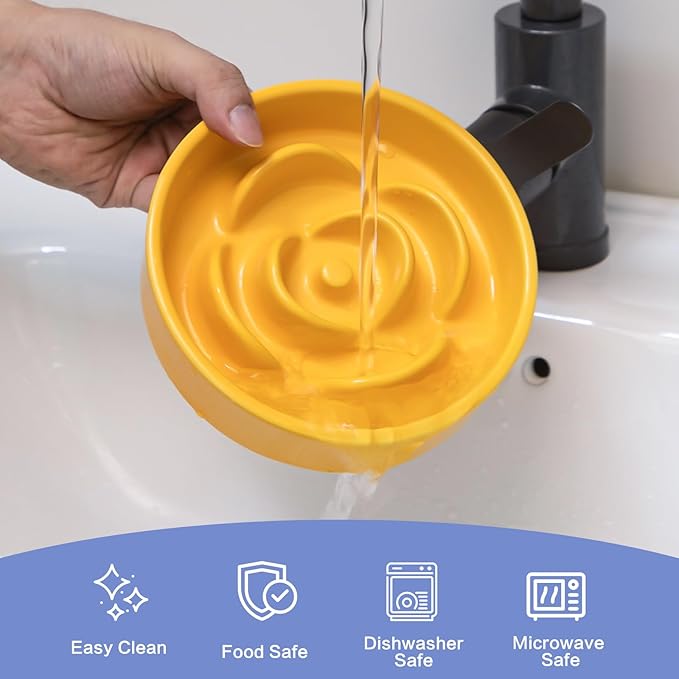 6'' Ceramic Slow Feeder Dog Bowls - Petal Shape Modern Dog Food Dish for Cats and Small Breed Dogs, Puzzle Maze Bowl to Slow Down Eating, Anti-Gulping, Dishwasher & Microwave Safe, Yellow