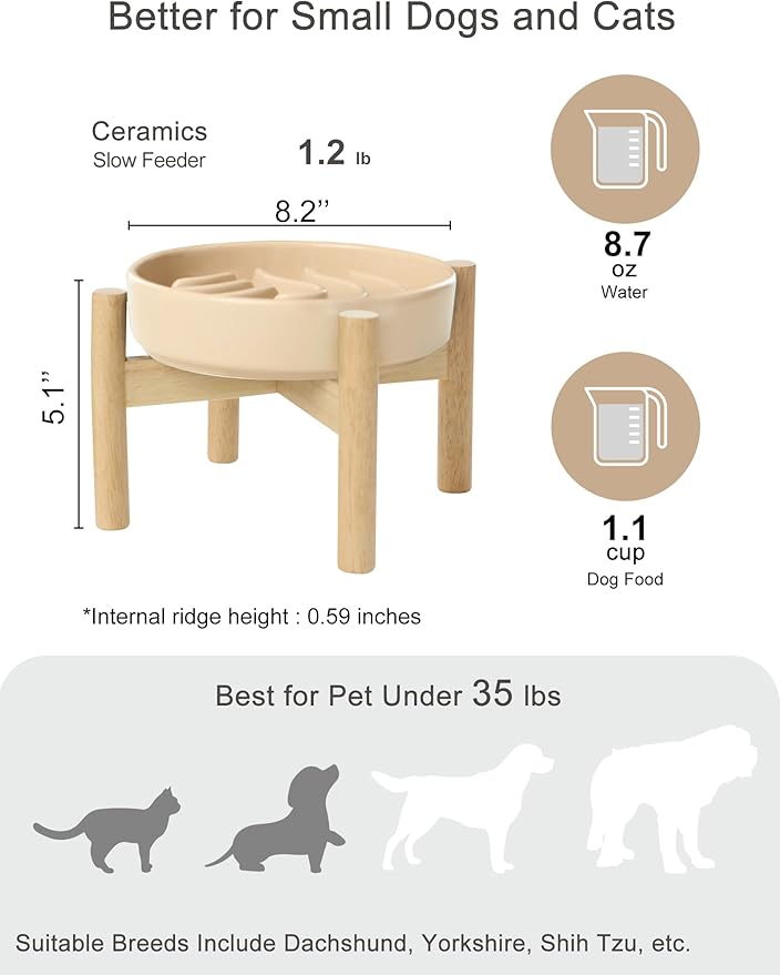 Ceramic Maze Dog Slow Feeder with Non-Slip Silicone Rim (& Bamboo Stand) – Heavy-Duty Stoneware Bowl with Puzzle Pattern for Bloating & Obesity Prevention (Raised-Apricot-S)