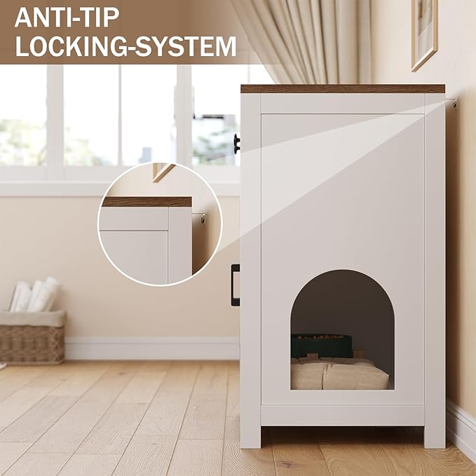 Cat Litter Box Enclosure with Storage Drawers, Hidden Litter Box Wooden Furniture, Modern Farmhouse Indoor Cat House and Multi Functional Side Table, White