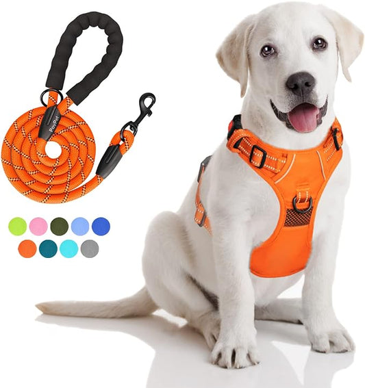 PoyPet No Pull Dog Harness and 5 Feet Leash Set, Release on Neck Reflective Adjustable Pet Vest, Front & Back 2 D-Ring and Soft Padded Pet Harness with Handle for Small to Large Dogs(Orange,M)