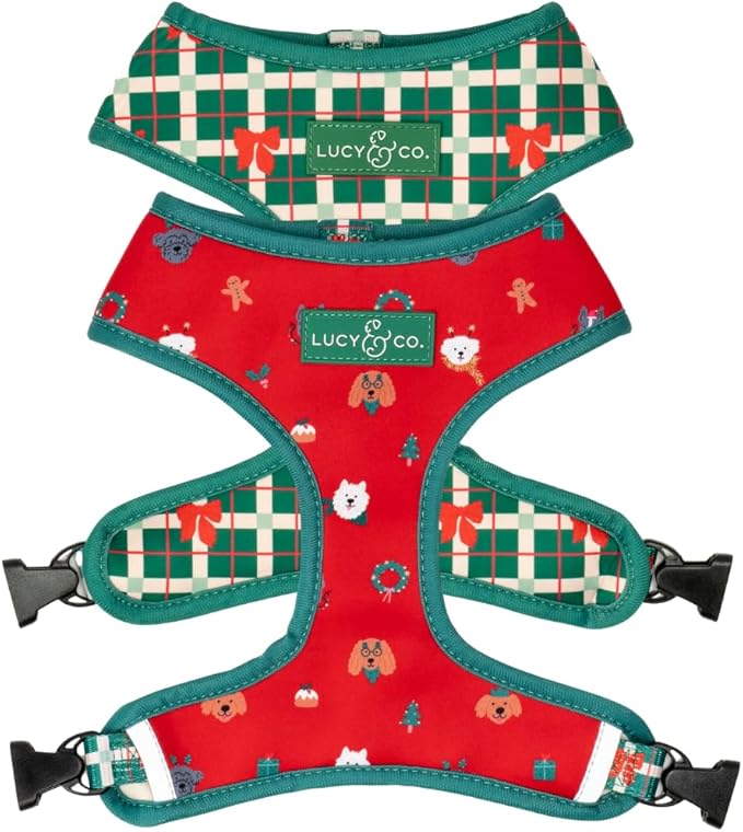 Lucy & Co. Cute Reversible Dog Harness Walking Halter - Best Designer Pet Harnesses for XS - XL Dogs - Padded Adjustable Vest for Easy Walking- Happy Howlidays - Seasonal - Small