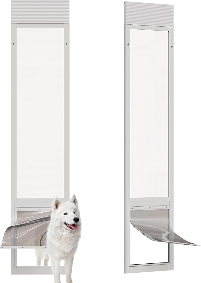 Doggie Door for Sliding Glass Doors, Adjustable Height 76 1/8"-80 7/8" Aluminum Frame Tempered Sliding Door Dog Doors Insert with Lock,XL Transparent 10" x 15" Flap Size for Large Dogs