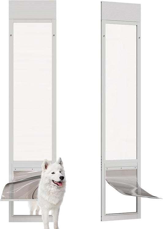 Doggie Door for Sliding Glass Doors, Adjustable Height 76 1/8"-80 7/8" Aluminum Frame Tempered Sliding Door Dog Doors Insert with Lock,XL Transparent 10" x 15" Flap Size for Large Dogs