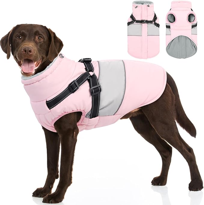 SUNFURA Dog Jacket, Large Dog Coat with Harness Built in, Warm Pet Winter Jacket Zippered Snow Coat with Furry Collar, Waterproof Fleece Snowsuit for French Bulldog, Pink L