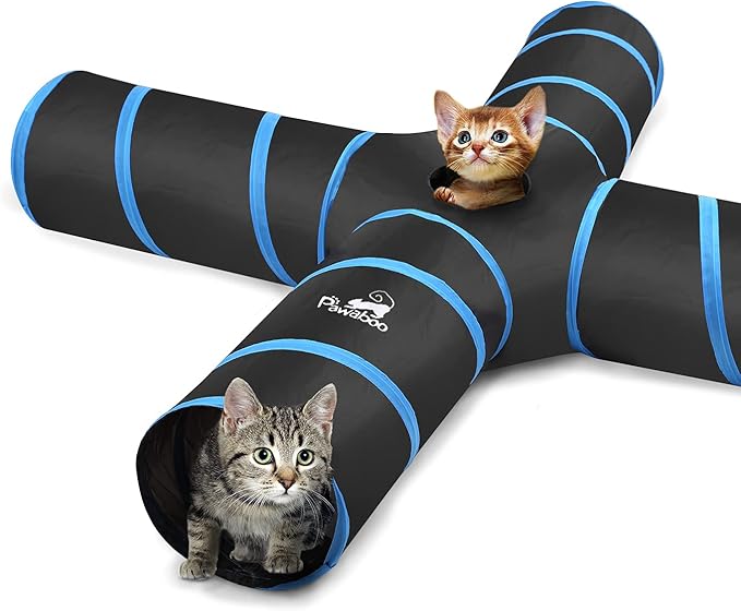 Pawaboo Cat Toys - 4 Way Cat Tunnel, Tube & Play Tent, 25x53cm, Extensible, Interactive Maze with Balls & Bells for Kitten & Small Animal, Blue