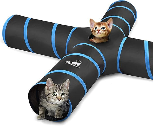 Pawaboo Cat Toys - 4 Way Cat Tunnel, Tube & Play Tent, 25x53cm, Extensible, Interactive Maze with Balls & Bells for Kitten & Small Animal, Blue