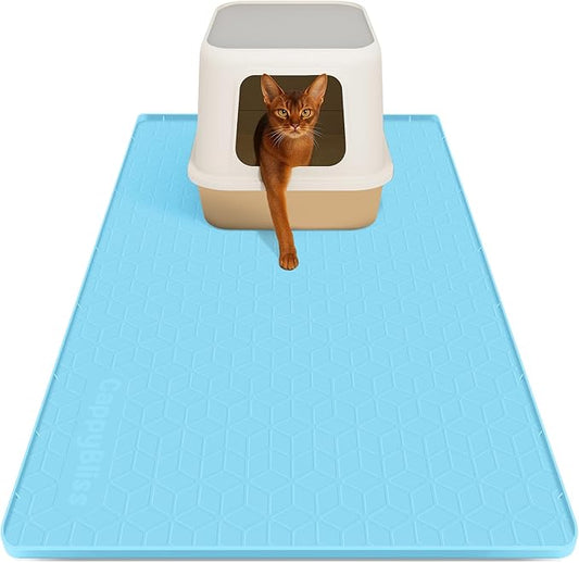 Large Cat Mat for Litter Box, 34"x22" Waterproof Silicone Mat with Litter Trapping, Easy Clean & Non-Slip Floor Pad for Indoor Cats, Blue
