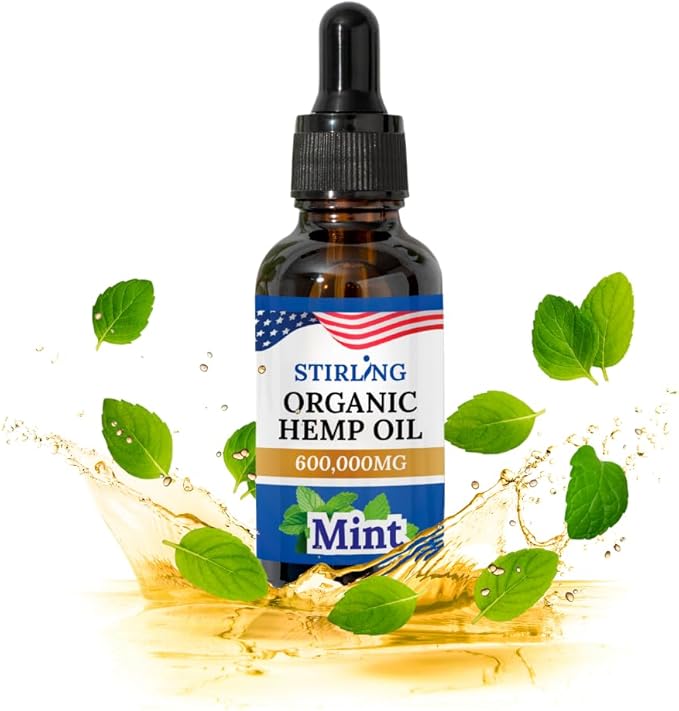 STIRLING Organic Hemp Oil - 600,000mg with Natural Mint Flavor for Enhanced Relaxation, Provides Relief and Optimal Health Support - GMO & Gluten-Free, THC-Free, Vegan, Loaded w/Omega 3 6 9 Goodness