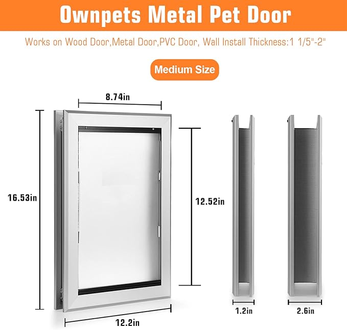 Ownpets Aluminum Dog Door, Pet Door with Magnetic Flap and Lockable Sliding Panel, Heavy Duty Doggy Door for Dogs Up to 40lbs(Silver)