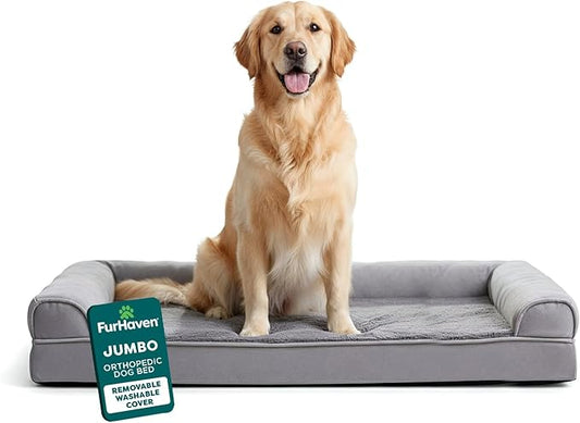 Furhaven Orthopedic Dog Bed for Large Dogs w/ Removable Bolsters & Washable Cover, For Dogs Up to 95 lbs - Plush & Suede Sofa - Gray, Jumbo/XL